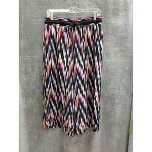 Wide Leg Cropped Pants Womens Medium Ikat Print Culotte Gaucho Boho Drawstring